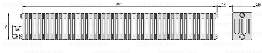 Схема (чертеж) Радиатор Zehnder Charleston 6026/45 №V003 Белый глянцевый RAL 9016